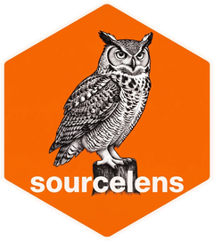 sourcelens logo: an owl on a stump in an orange hexagon